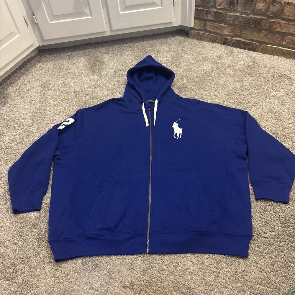 Polo Ralph Lauren Full Zip Up Waffle Knit Thermal Hood Hoodie 4XB BIG PONY Blue
